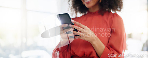 Image of Business, closeup and woman with smartphone, typing and network for social media, connection and online reading. Zoom, female employee and entrepreneur with cellphone, communication or search website