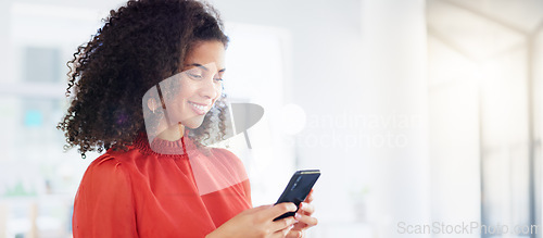 Image of Business smile, connection and woman with smartphone, typing and communication for planning, strategy and search internet. Female employee, consultant and administrator with cellphone, signal and net