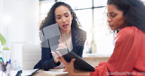 Image of Teamwork, tablet and business women coaching in office helping coworker with project. Collaboration, intern and training, explaining and talking to mentor with touchscreen technology for learning.