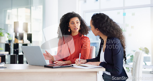 Image of Laptop, training and business women in office for creative, planning and marketing idea. Teamwork, coaching and lady team with online project, review or kpi data analysis for startup company proposal