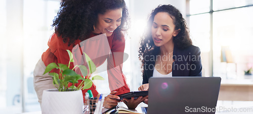 Image of Teamwork, tablet and business women in office helping coworker with project. Coaching laptop, collaboration and intern in training talking to mentor with touchscreen technology in company workplace.