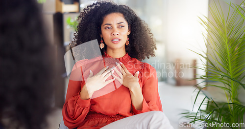 Image of Woman patient talking in therapy session, counseling or psychology for stress, anxiety or mental health advice. Client or person speaking to psychologist, therapist or professional meeting for help