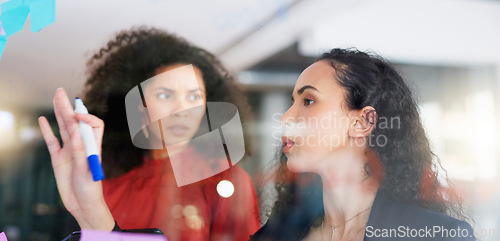Image of Planning, strategy and business women on glass board teamwork, collaboration and creative ideas for project. Biracial people or staff for workflow management, schedule or planner on window reflection