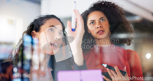 Image of Planning, strategy and business women on glass board teamwork, collaboration and creative ideas for project. Biracial people or staff for workflow management, schedule or planner on window reflection