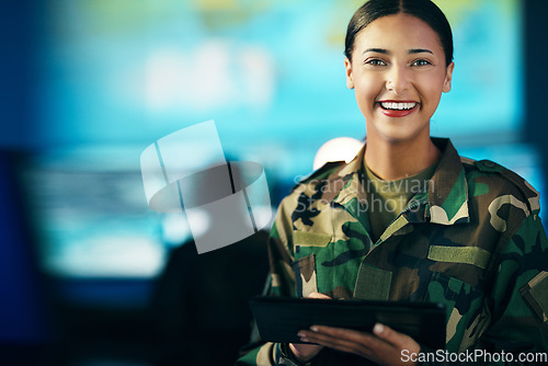 Image of Military, woman and happy portrait with tablet in surveillance, control room or technical support for army, office or mission. USA, cybersecurity or face of person with research or communication