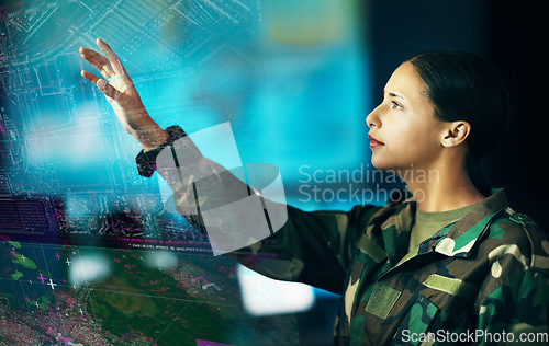 Image of Map, location and a military woman using a dashboard for security, strategy or surveillance in a control room. Army, digital and double exposure with a young soldier looking at a 3D or AI hologram