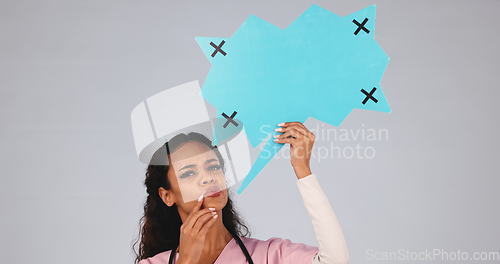 Image of Nurse, woman thinking and speech bubble in healthcare solution, idea and clinic choice and questions in studio. Decision face of medical doctor with quote poster, tracking marker and white background