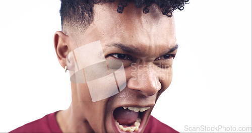 Image of Angry, screaming and face of man on a white background for emotions, stress and frustrated in studio. Furious, mental health and isolated person shouting with rage for mistake, upset and crisis