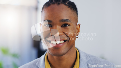 Image of Business man, portrait and face with a smile in a corporate office while happy and confident. Closeup of a male entrepreneur person laughing with pride for professional career, motivation and goals