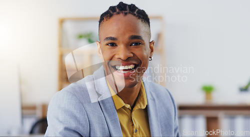 Image of Face, business and black man with a smile, success and growth in workplace, startup and development. Portrait, male employee or worker with happiness, confidence and skills for company or new project