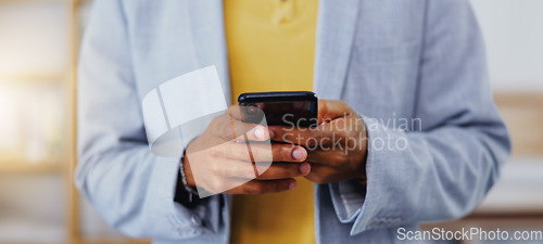 Image of Business, man and hands typing on smartphone in office, online user and contact technology. Closeup of employee texting on cellphone for networking, mobile app notification or social media connection