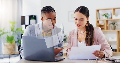 Image of Laptop, discussion and business people planning a project together in the modern office. Teamwork, technology and professional corporate team doing research and working on a report in collaboration.