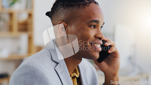 Image of Phone call conversation, office communication and black man speaking, discussion or on b2b negotiation with mobile contact. Chat, talking and male entrepreneur networking for startup business funding