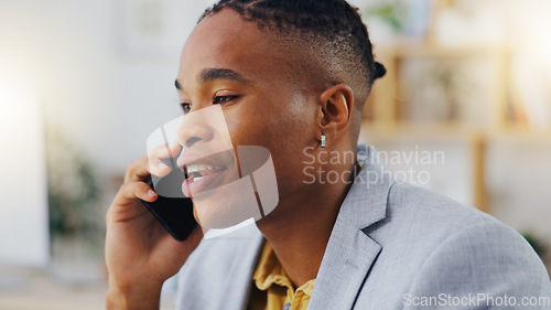 Image of Phone call, business communication and black man talking, discussion or on b2b conversation with investment contact. Chat, office consulting and male consultant networking for startup company funding