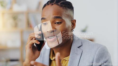 Image of Phone call, business communication and black man talking, discussion or on b2b conversation with investment contact. Chat, office consulting and male consultant networking for startup company funding