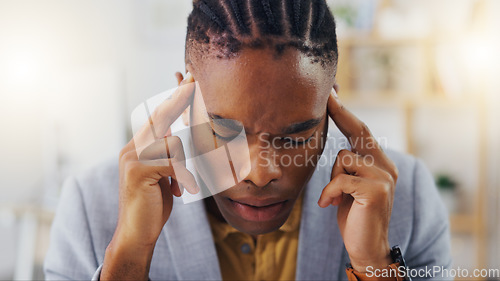 Image of Mental health, headache and black man stress over office burnout, work project or company risk crisis. Fatigue, migraine and tired person, business consultant or depressed employee with pain problem