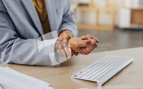 Image of Hands of business man with problem, carpal tunnel syndrome or sore wrist from keyboard typing, office work or corporate project. Arthritis risk, medical crisis and hurt male worker with injury pain