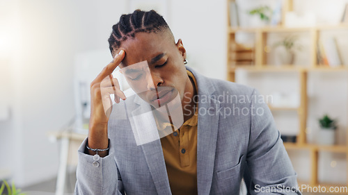 Image of Mental health, pain and black man burnout from office stress, overworked or company project crisis. Fatigue, migraine and tired person, business consultant or depressed worker with headache problem