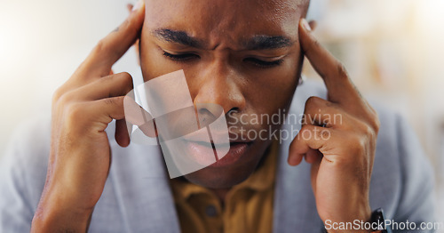 Image of Mental health burnout, sad or black man depressed from office stress, business pressure or corporate crisis. Pain, depression and tired person, consultant or professional worker with headache problem