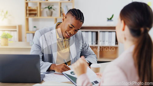 Image of Startup, consultants and black man in office, conversation and new project, schedule and share ideas. Employees, female client and male worker explain process, system and planning with paperwork