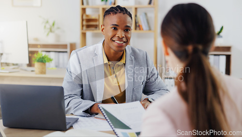 Image of Startup, consultants and black man in office, conversation and new project, schedule and share ideas. Employees, female client and male worker explain process, system and planning with paperwork