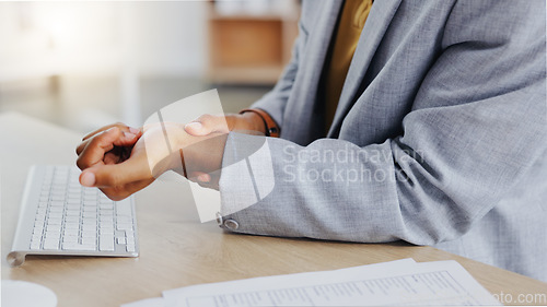 Image of Hands of business man with problem, carpal tunnel syndrome or sore wrist from keyboard typing, office work or corporate project. Arthritis risk, medical crisis and hurt male worker with injury pain