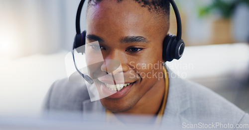 Image of Customer service, laptop and face of black man consulting on contact us CRM, telemarketing or telecom. Webinar, information technology or male call center consultant talking on online tech support