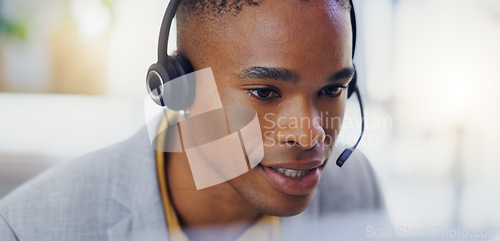 Image of Customer service, laptop video call or black man consulting on contact us CRM, sales pitch or telecom. Webinar headset, tech support face or male call center agent talking on online telemarketing mic