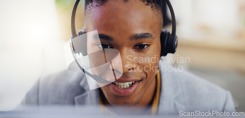 Image of Customer service, laptop and face of black man consulting on contact us CRM, telemarketing or telecom. Webinar, information technology or male call center consultant talking on online tech support