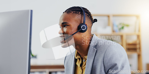 Image of Customer service, laptop video call and happy black man networking on webinar, online conference or telemarketing. Communication microphone, callcenter consulting and office person on sales pitch