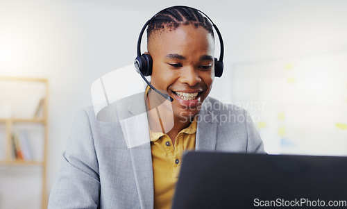 Image of Telemarketing, laptop video call and black man talking on webinar communication, online conference or telecom. Networking, call center office and customer care person consulting on support help desk