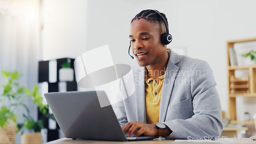 Image of Customer support, laptop video call and black man on networking webinar, online conference or telemarketing. Communication headset, contact us office and male telecom agent consulting on sales pitch