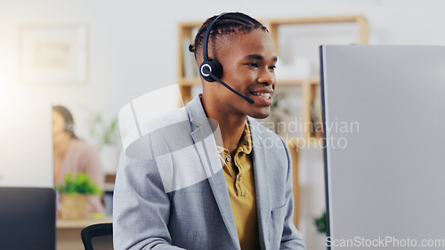 Image of Telemarketing, laptop video call and black man talking on webinar communication, online conference or telecom. Networking, call center office and customer care person consulting on support help desk