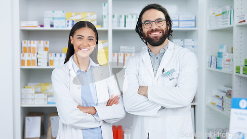 Image of Crossed arms, pharmacy and portrait of people with smile for medical care, service and healthcare. Professional, teamwork and man and woman pharmacist for medication, medicine and clinic dispensary