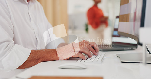 Image of Business hands, computer and office for marketing, social media research and planning or editing report. Professional person or editor typing on desktop for website FAQ, copywriting and information