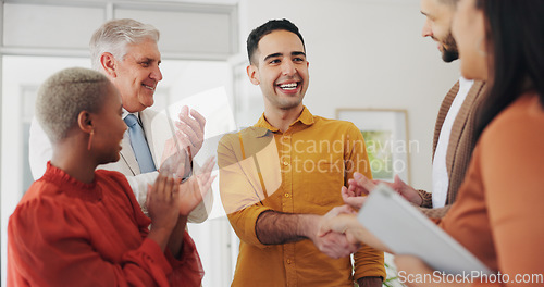 Image of Business people, applause and handshake for teamwork success, collaboration and project congratulations. Marketing group, man shaking hands and clapping for deal, thank you and sales winner in office