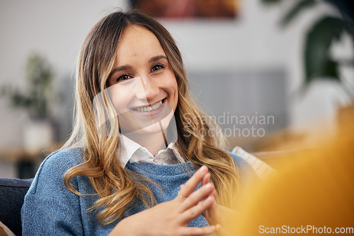 Image of Happy woman on couch with smile for therapy, advice and help with trust, psychology and healthcare. Conversation, support and girl on sofa with therapist, psychologist and mental health counselling.