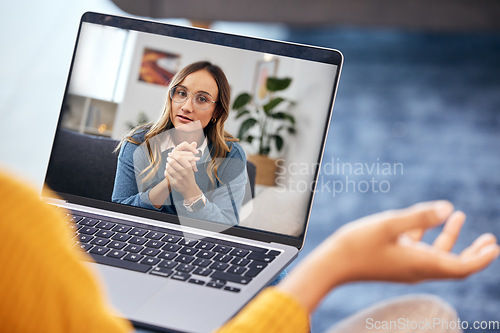 Image of Woman, video call and therapy on laptop screen for support, advice or helping with mental health in online meeting. Virtual psychologist or therapist talk or listening to client questionson computer