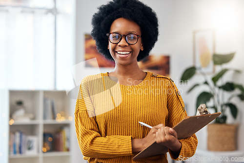 Image of Portrait, therapist and happy black woman with checklist for counselling in office. Face smile, psychologist in glasses and clipboard for therapy session, psychology counsellor or professional doctor