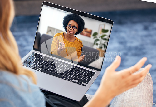 Image of Woman, video call and psychologist on laptop screen of support, advice or helping with mental health in online meeting. African therapist talking to home client for remote therapy on computer