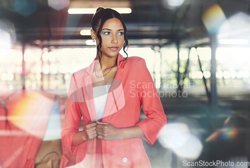 Image of Business woman, corporate fashion and thinking in the city with entrepreneur and ideas. Female professional, lawyer style and lens flare with confidence and morning commute in urban parking lot