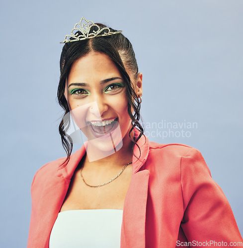 Image of Princess, beauty and portrait of woman with crown in studio for glamour, luxury and winning prize. Excited, wow and person with tiara for fashion pageant, winner and cosmetics on purple background