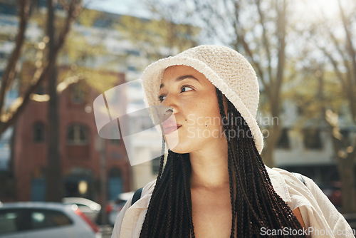 Image of Woman, travel and fashion in city with thinking and freedom from urban adventure in New York. African teenager, streetwear and gen z clothes and outdoor on a journey in town on a trip in road