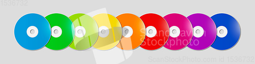 Image of Colorful rainbow CD - DVD range on grey background banner