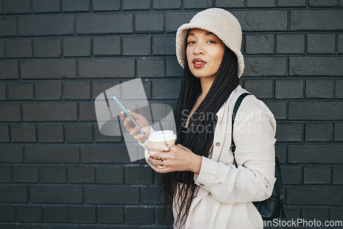 Image of Outdoor, portrait and coffee with smartphone, woman or connection with sms on wall background. Person, email or girl with cellphone, mobile user or urban town with digital app, tea or search internet