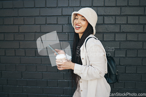 Image of Portrait of happy woman with phone, wall background and urban fashion, social media chat and internet meme. Streetwear, gen z girl or online influencer with smartphone, smile and communication mockup