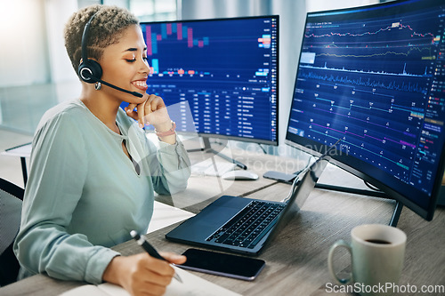Image of Happy woman, call center and broker in customer service, stock market or trading consultant at office. Female person, trader or agent with headphones smile for financial advice or help at workplace