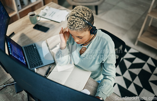 Image of Headache, stress and woman in call center, burnout or fatigue at help desk office. Pain, migraine and tired African consultant frustrated at customer, fail telemarketing challenge or financial crisis