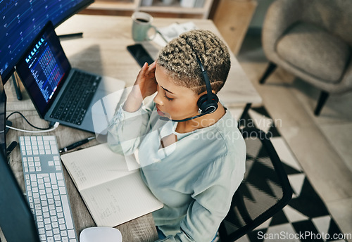 Image of Headache, pain and woman in call center, fatigue or burnout at help desk office. Stress, migraine and tired African consultant frustrated at customer, fail telemarketing challenge or financial crisis