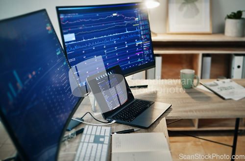 Image of Laptop, computer screen and stock exchange statistics of investment data, trading market analytics or online insight. Monitor, economy metrics and research info of financial numbers, chart or graphs